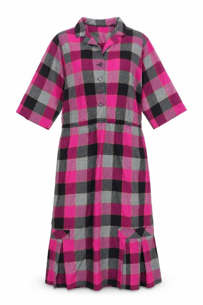 Preworn Womens Pink Check Polyester Shirt Dress Size L Collared Button