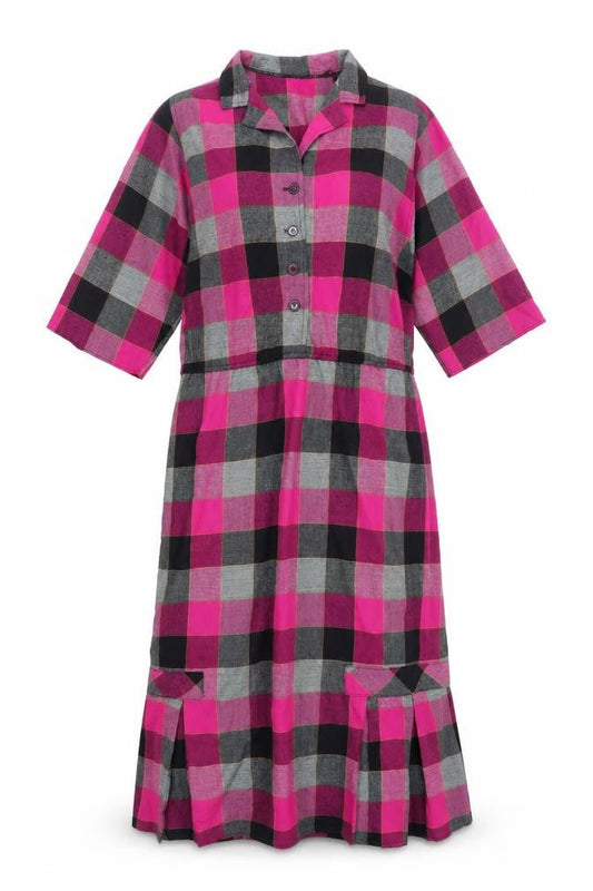 Womens Pink Check Polyester Shirt Dress Size L Collared Button