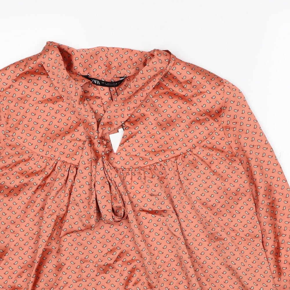 Zara Womens Orange Geometric Polyester Basic Blouse Size S V-Neck