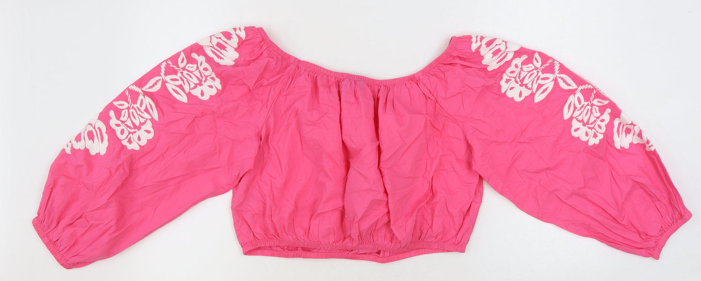 Marks and Spencer Womens Pink 100% Cotton Cropped Blouse Size 18 Boat Neck - Flower Detail
