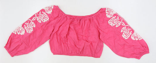 Marks and Spencer Womens Pink 100% Cotton Cropped Blouse Size 16 Boat Neck - Flower Detail