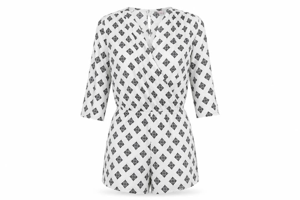 DANCING LEOPARD Womens White Geometric Polyester Playsuit One-Piece Size 8 Button