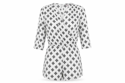 Dancing Leopard Womens White Geometric Polyester Playsuit One-Piece Size 8 Button
