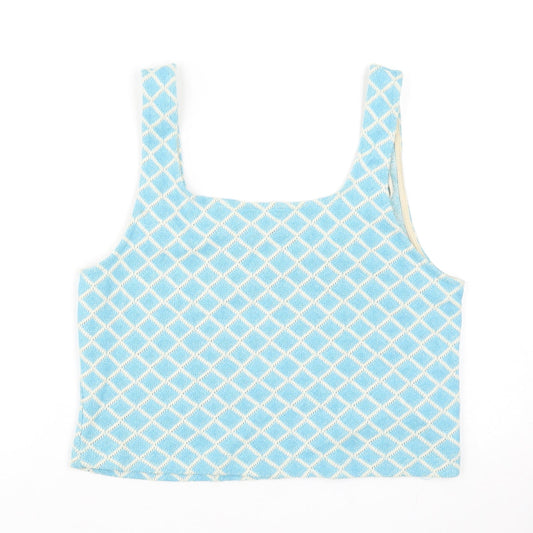 Zara Womens Blue Geometric Cotton Basic Tank Size M Square Neck