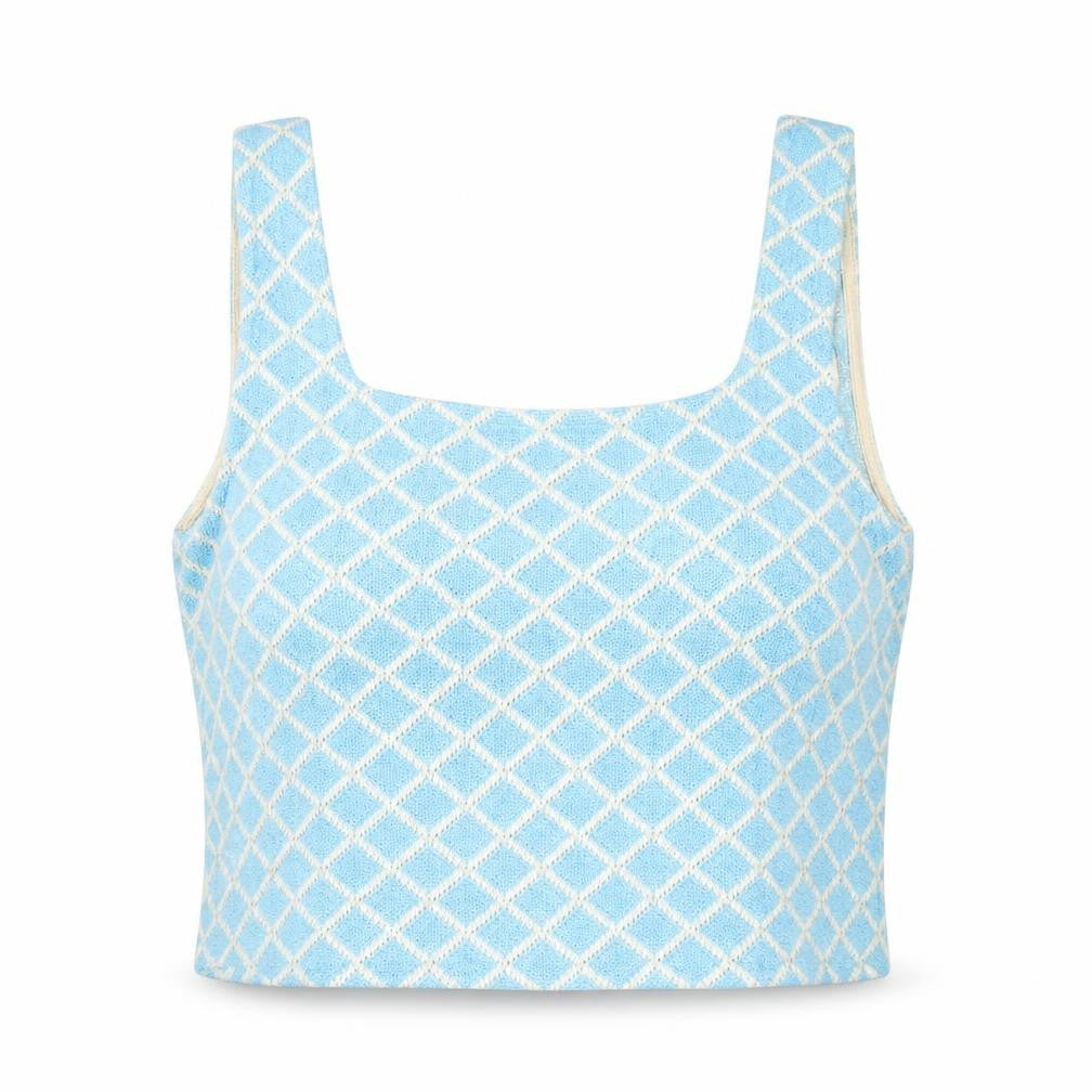 Zara Womens Blue Geometric Cotton Basic Tank Size M Square Neck