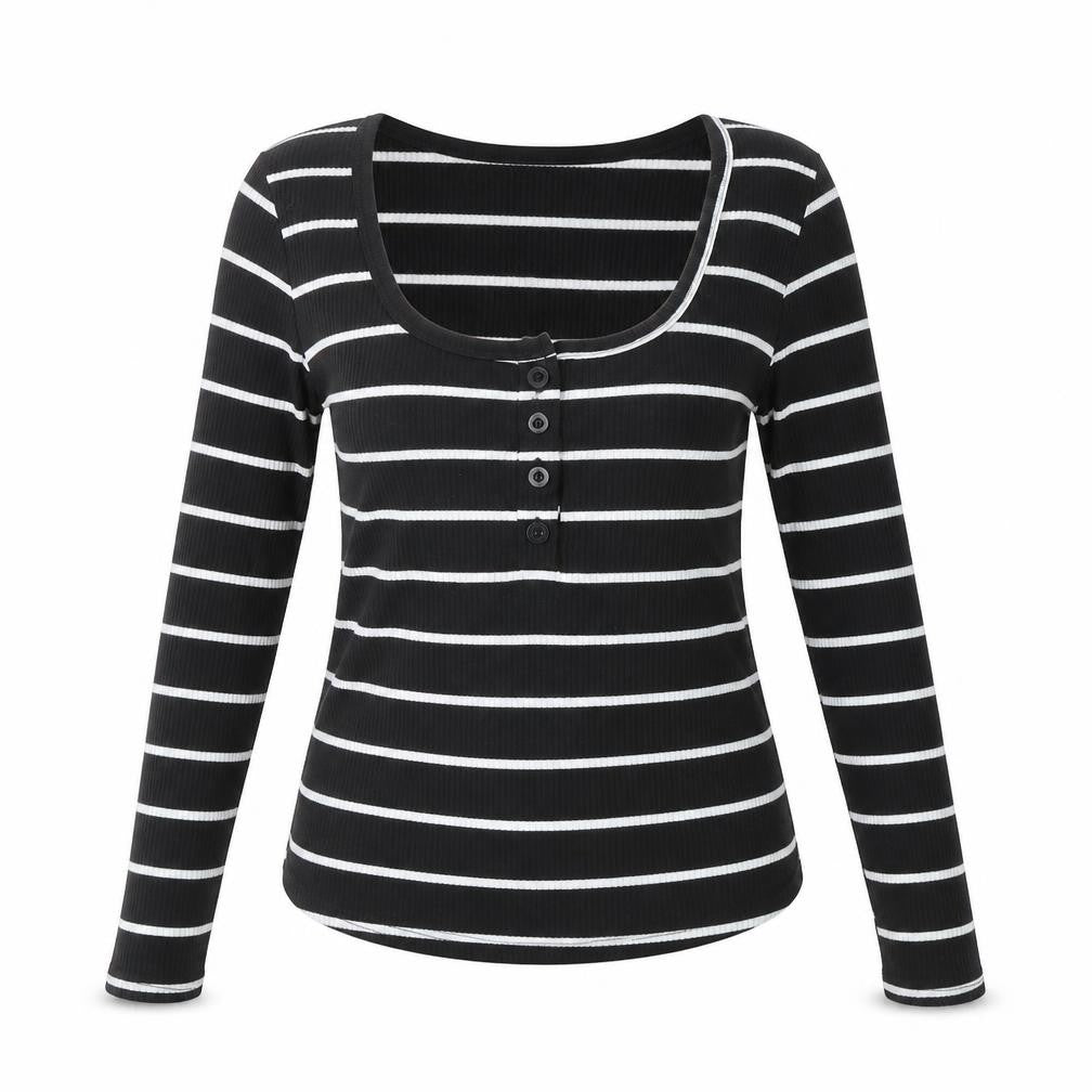 SheIn Womens Black Striped Polyester Basic T-Shirt Size S Scoop Neck