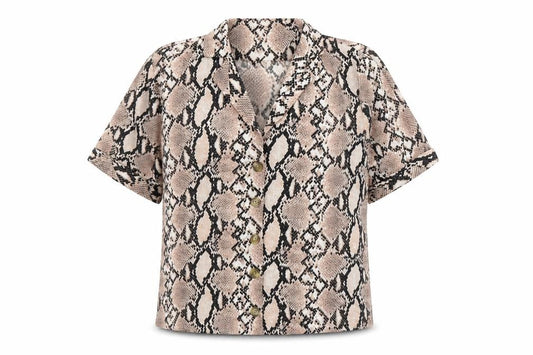 New Look Womens Brown Animal Print Polyester Basic Button-Up Size 8 V-Neck