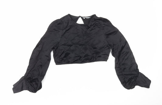 Zara Womens Black Polyester Cropped Blouse Size S Round Neck