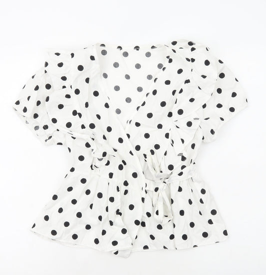 Preworn Womens White Polka Dot Cotton Basic Blouse Size M V-Neck