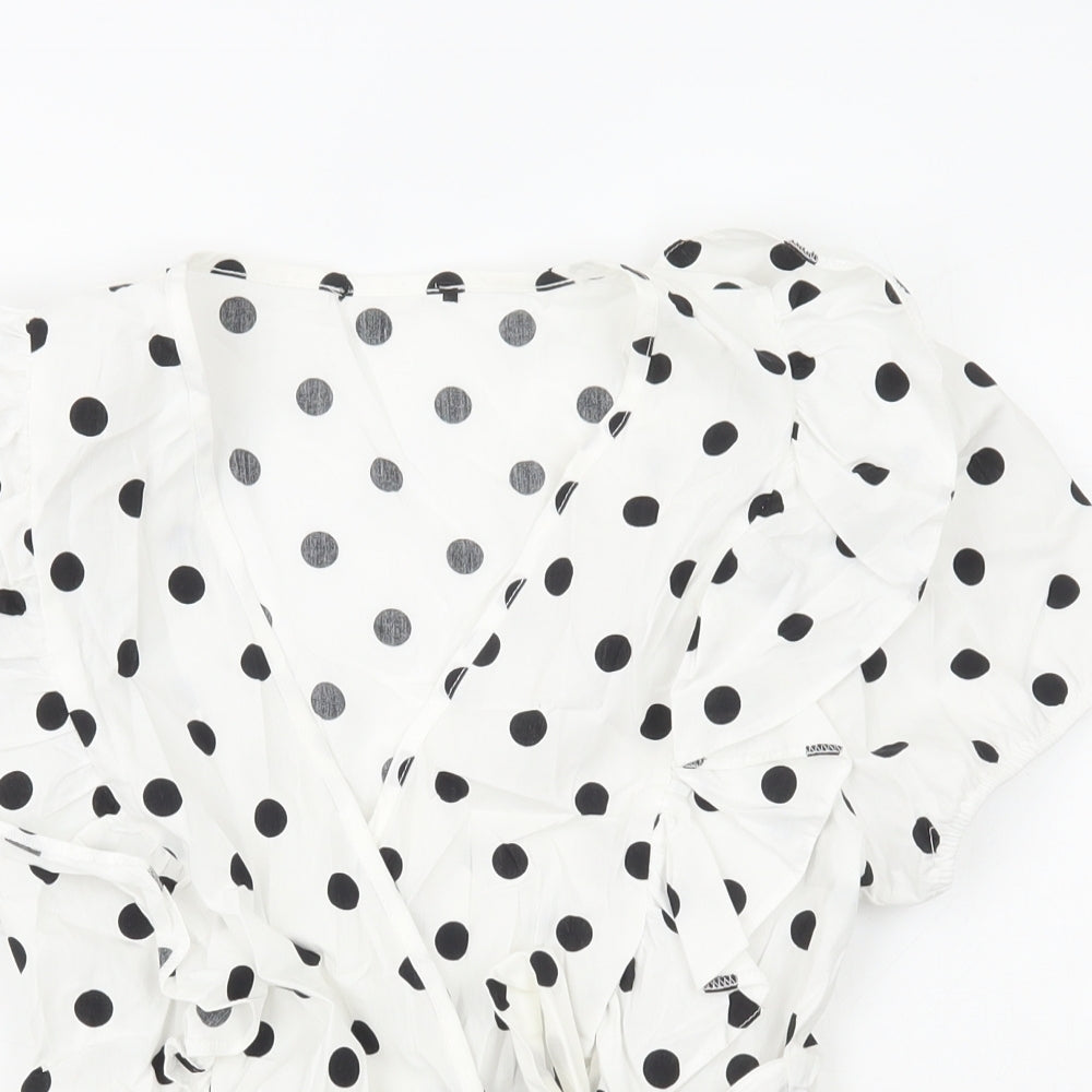 Preworn Womens White Polka Dot Cotton Basic Blouse Size M V-Neck