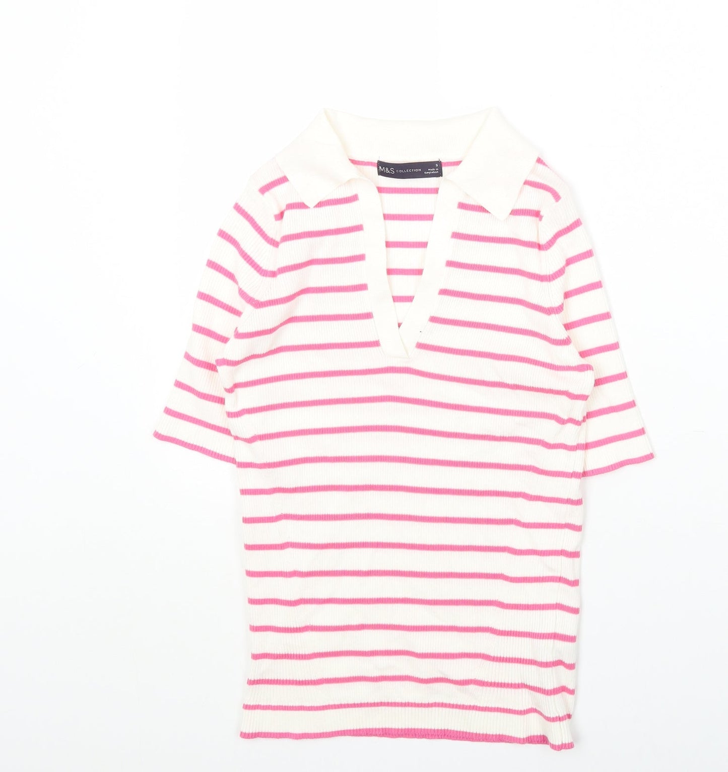 Marks and Spencer Womens Multicoloured Collared Striped Cotton Pullover Jumper Size S