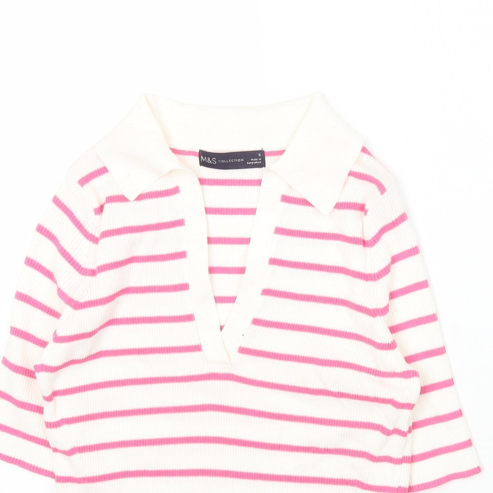 Marks and Spencer Womens Multicoloured Collared Striped Cotton Pullover Jumper Size S