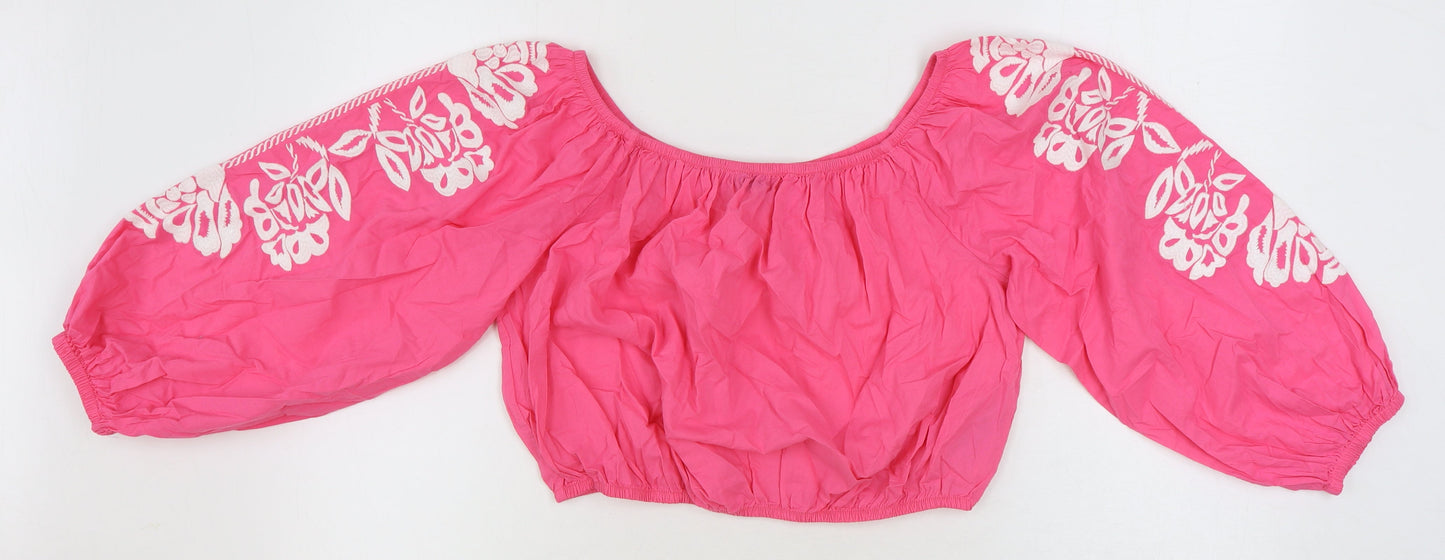 Marks and Spencer Womens Pink 100% Cotton Cropped Blouse Size 16 Scoop Neck