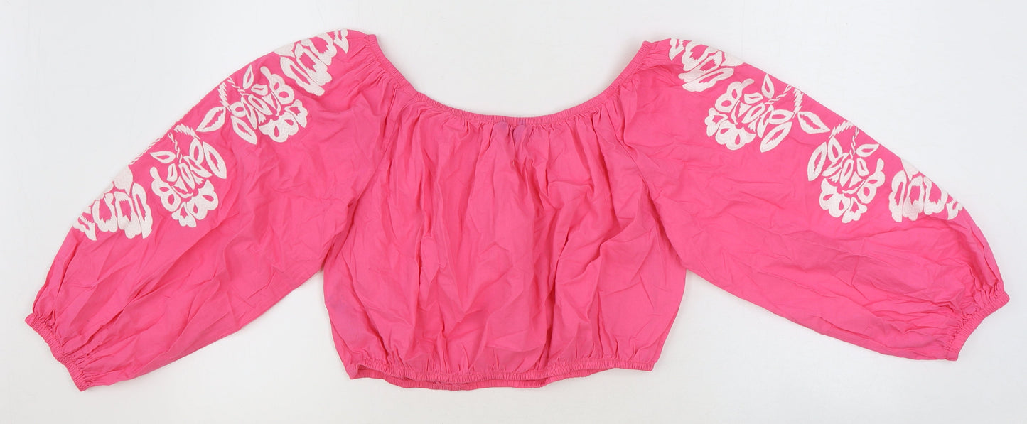 Marks and Spencer Womens Pink 100% Cotton Cropped Blouse Size 16 Scoop Neck