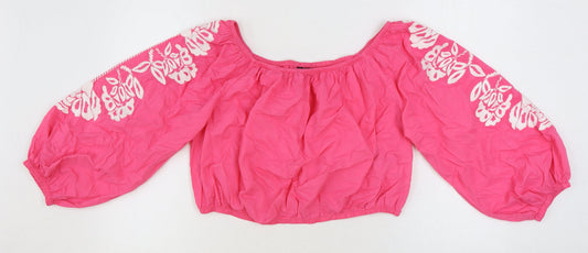 Marks and Spencer Womens Pink Floral 100% Cotton Cropped Blouse Size 18 Off the Shoulder