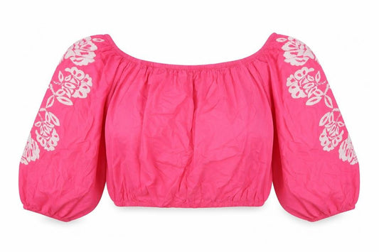 Marks and Spencer Womens Pink Floral 100% Cotton Cropped Blouse Size 18 Off the Shoulder