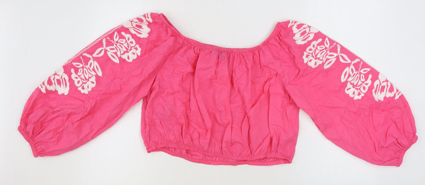 Marks and Spencer Womens Pink Floral 100% Cotton Cropped Blouse Size 18 Off the Shoulder