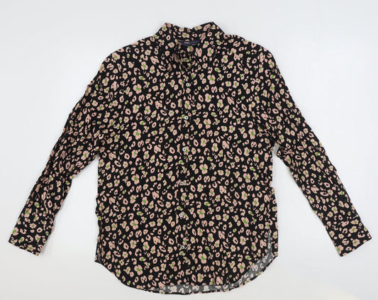 Marks and Spencer Womens Black Animal Print Viscose Basic Button-Up Size 10 Collared