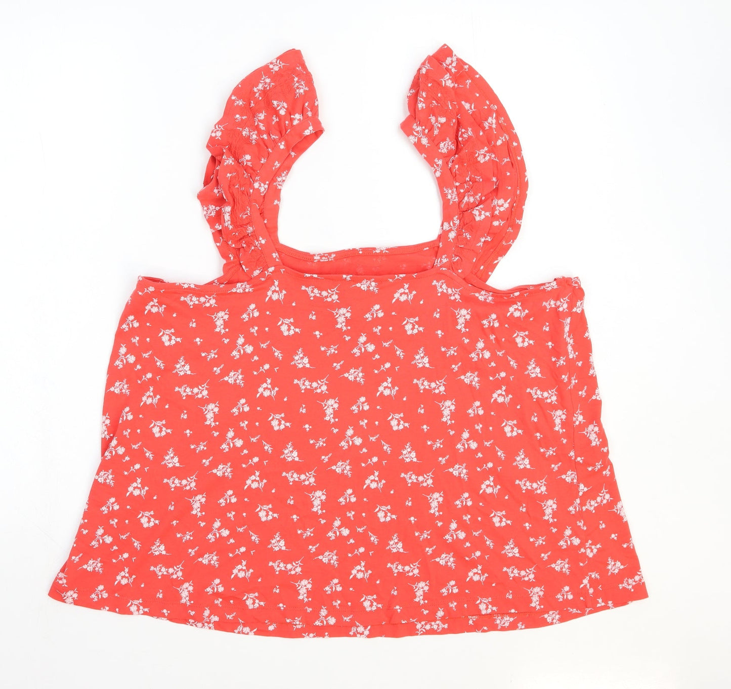 Marks and Spencer Womens Red Floral 100% Cotton Basic Polo Size 18 Square Neck