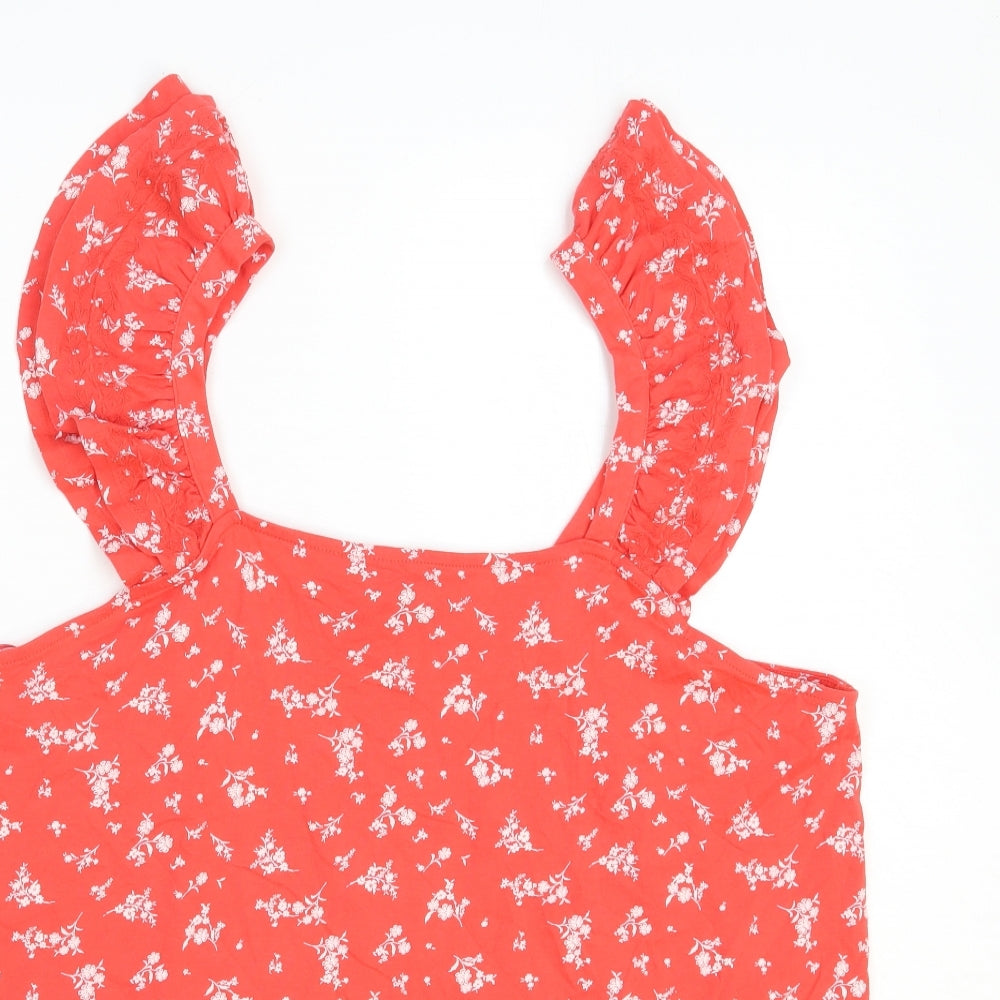Marks and Spencer Womens Red Floral 100% Cotton Basic Polo Size 18 Square Neck