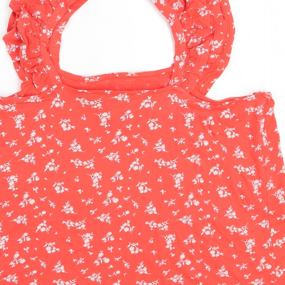 Marks and Spencer Womens Red Floral 100% Cotton Basic Polo Size 18 Square Neck