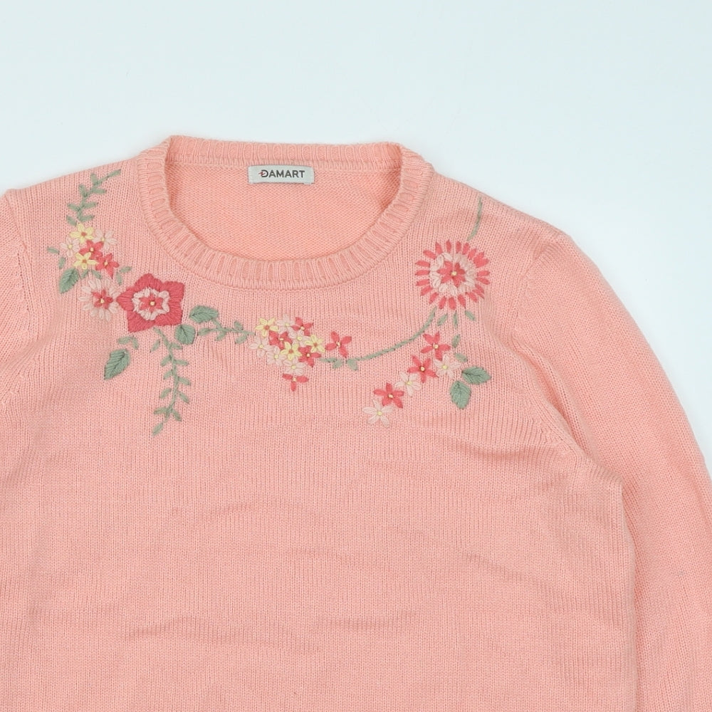 Damart Womens Pink Round Neck Floral Polyacrylate Fibre Pullover Jumper Size 10