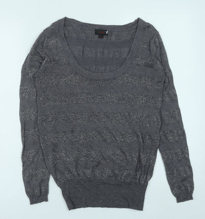 Fluid Womens Grey Scoop Neck Striped Viscose Pullover Jumper Size S