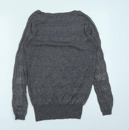Fluid Womens Grey Scoop Neck Striped Viscose Pullover Jumper Size S
