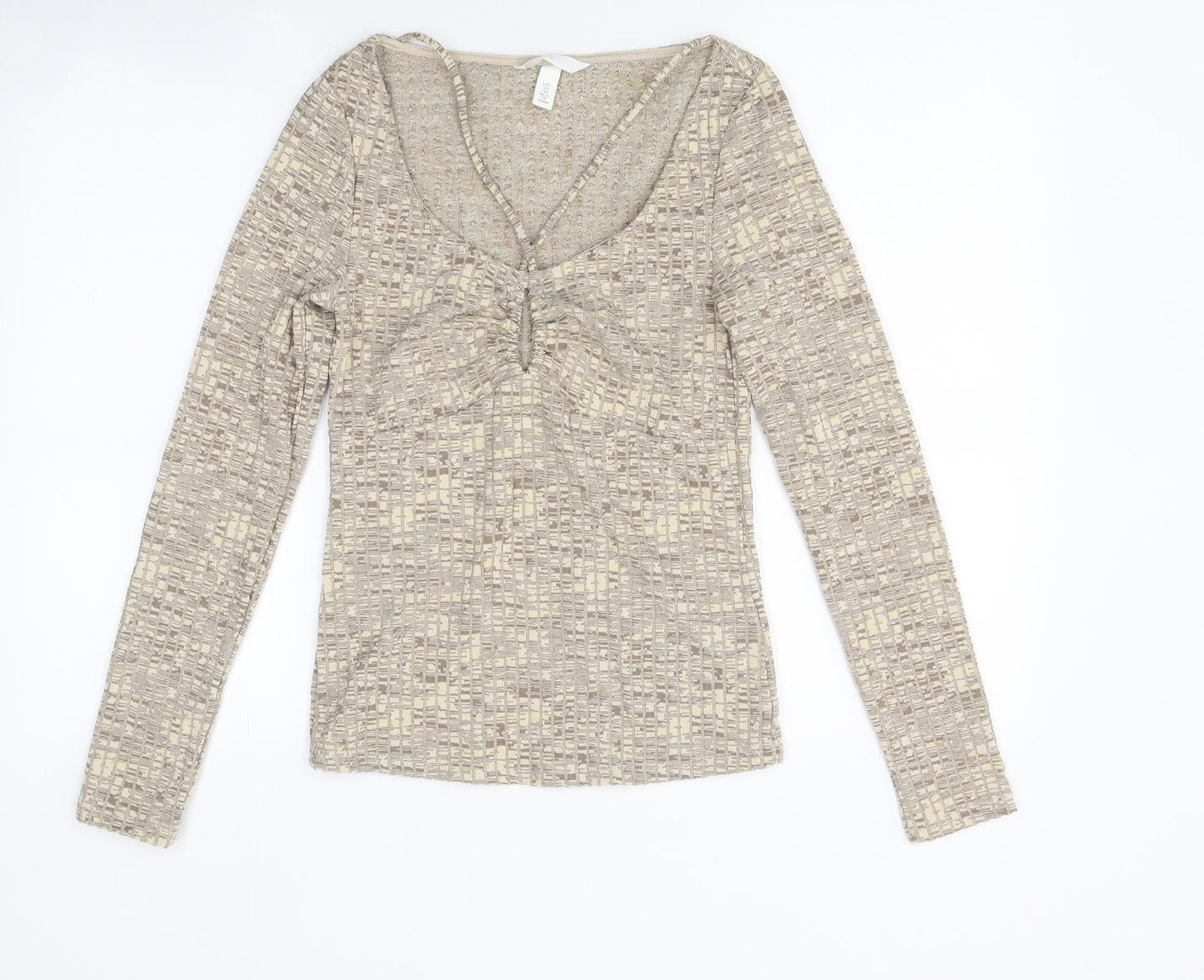 H&M Womens Beige Geometric Polyester Basic T-Shirt Size S Scoop Neck - Cross Front Strap Detail