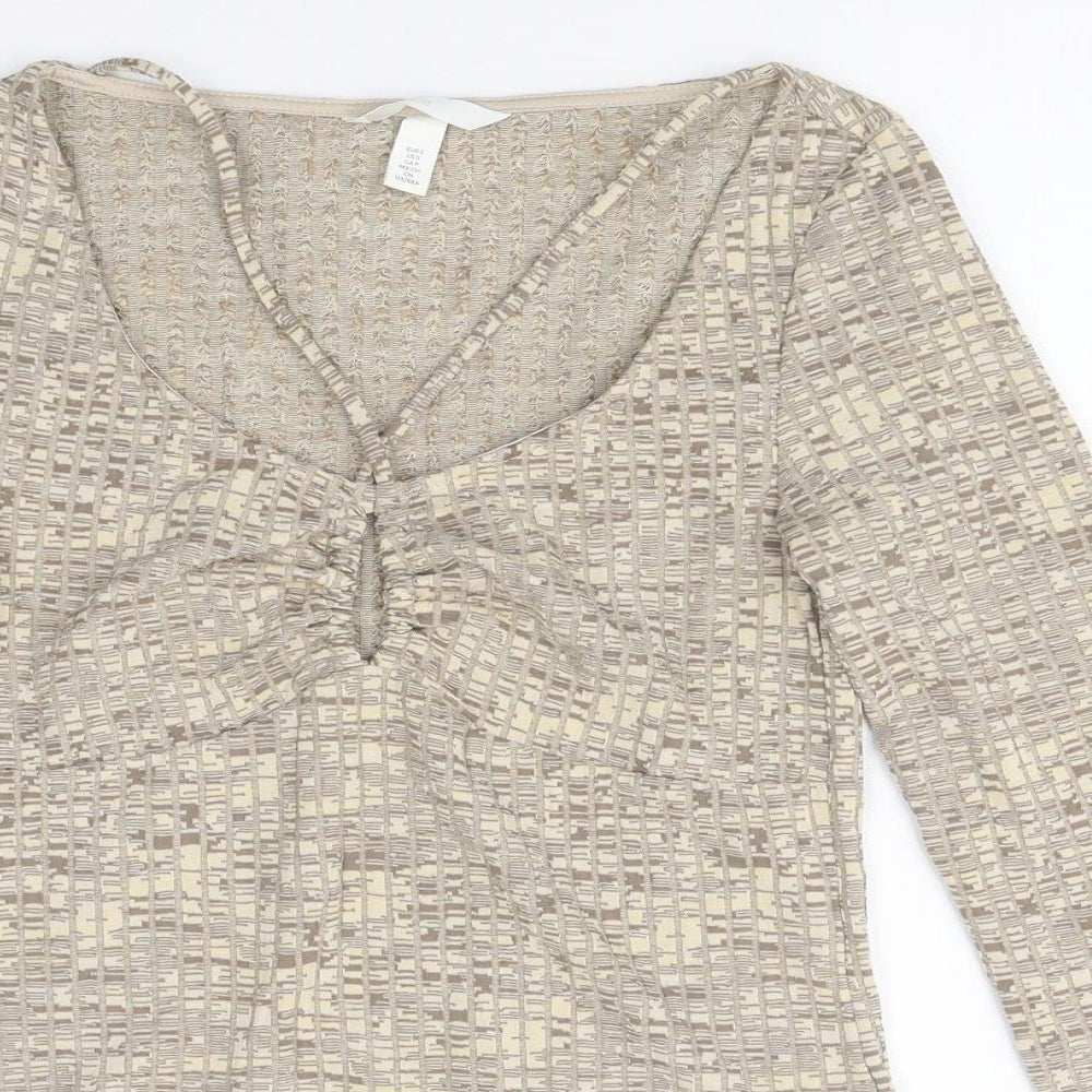 H&M Womens Beige Geometric Polyester Basic T-Shirt Size S Scoop Neck - Cross Front Strap Detail