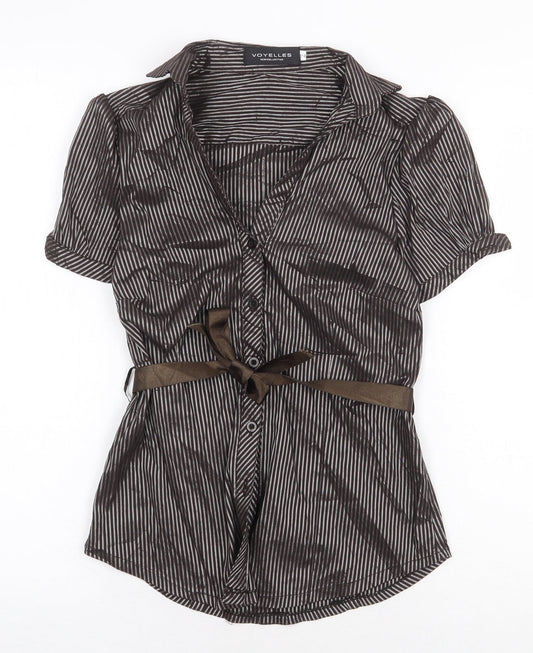 Voyelles Womens Brown Striped Polyester Basic Button-Up Size 4XL Collared
