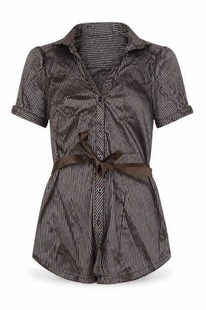 Voyelles Womens Brown Striped Polyester Basic Button-Up Size 4XL Collared