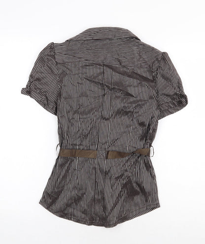 Voyelles Womens Brown Striped Polyester Basic Button-Up Size 4XL Collared