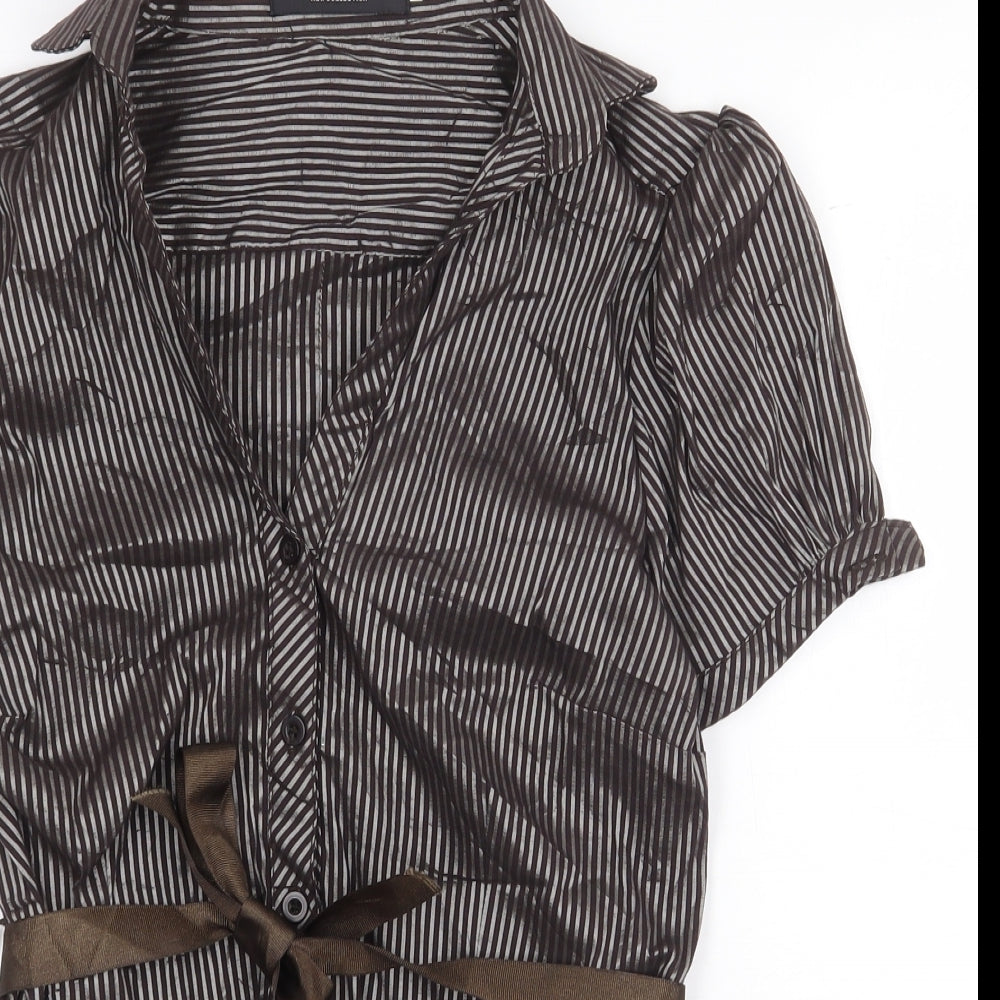 Voyelles Womens Brown Striped Polyester Basic Button-Up Size 4XL Collared