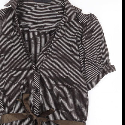 Voyelles Womens Brown Striped Polyester Basic Button-Up Size 4XL Collared