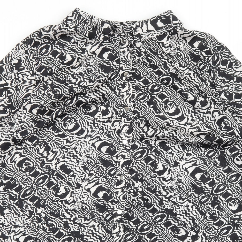 M&Co Womens Black Geometric Polyester Basic Button-Up Size 10 Collared