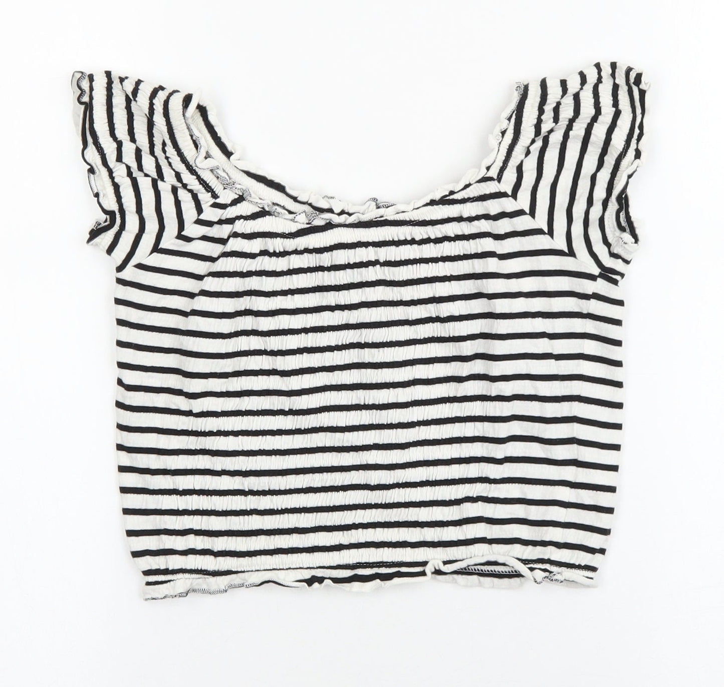 New Look Womens White Striped Cotton Cropped T-Shirt Size 8 Scoop Neck