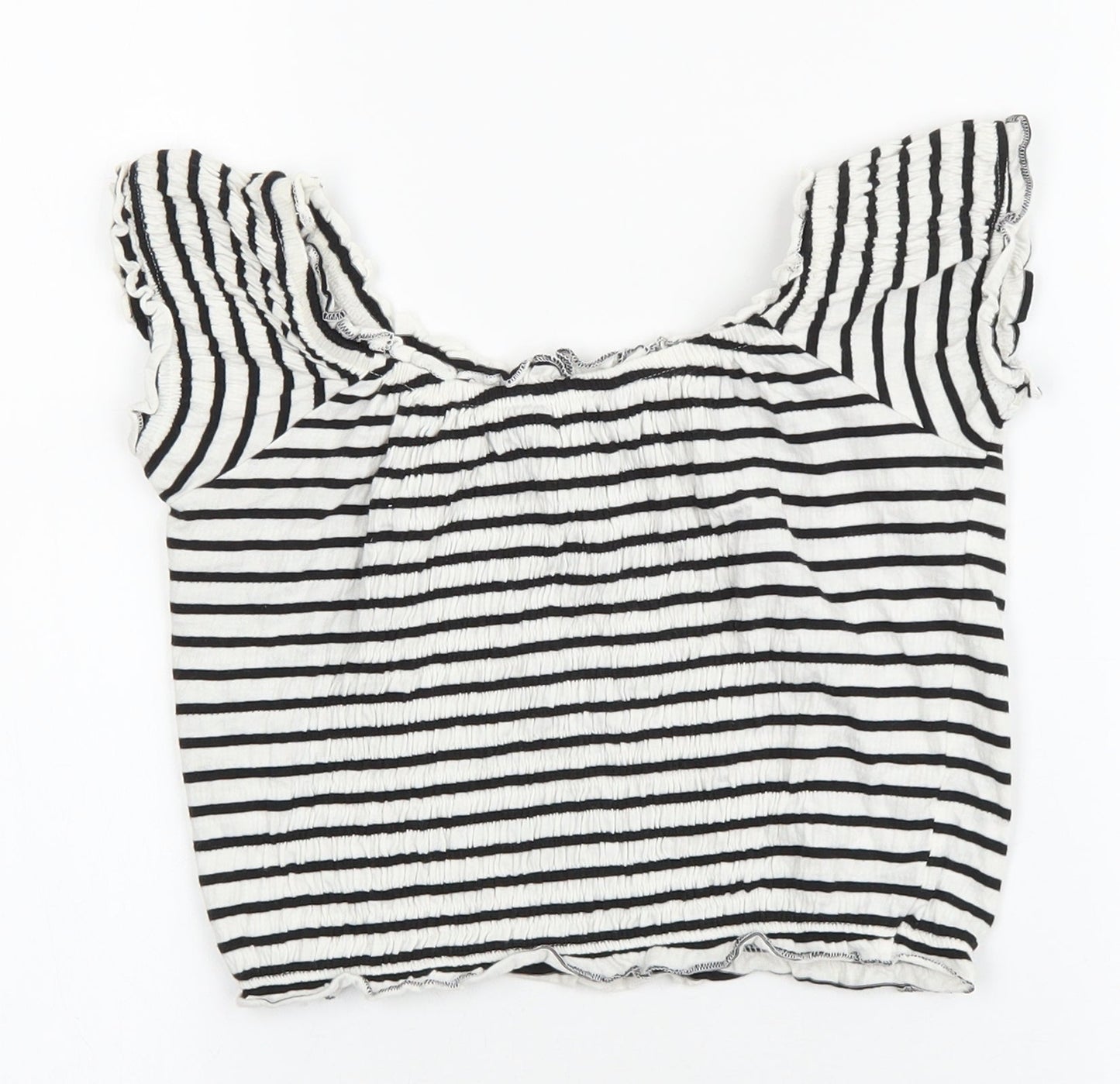 New Look Womens White Striped Cotton Cropped T-Shirt Size 8 Scoop Neck