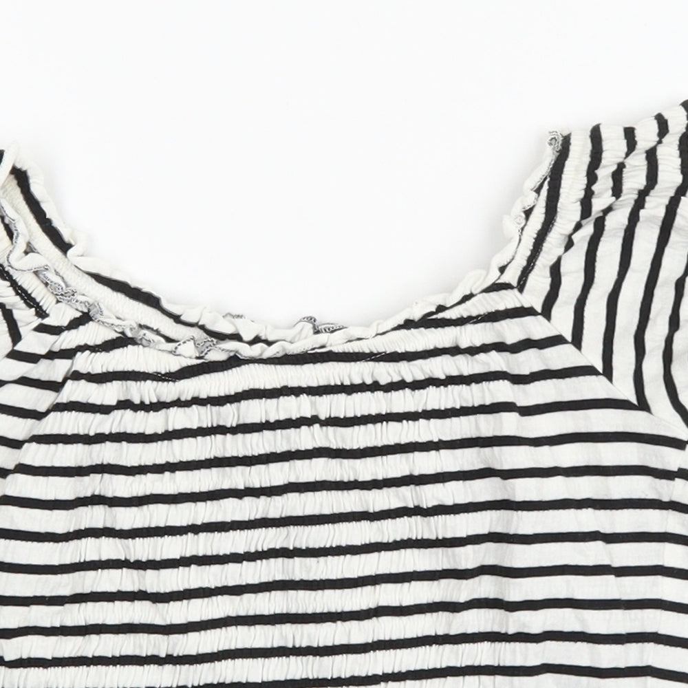 New Look Womens White Striped Cotton Cropped T-Shirt Size 8 Scoop Neck