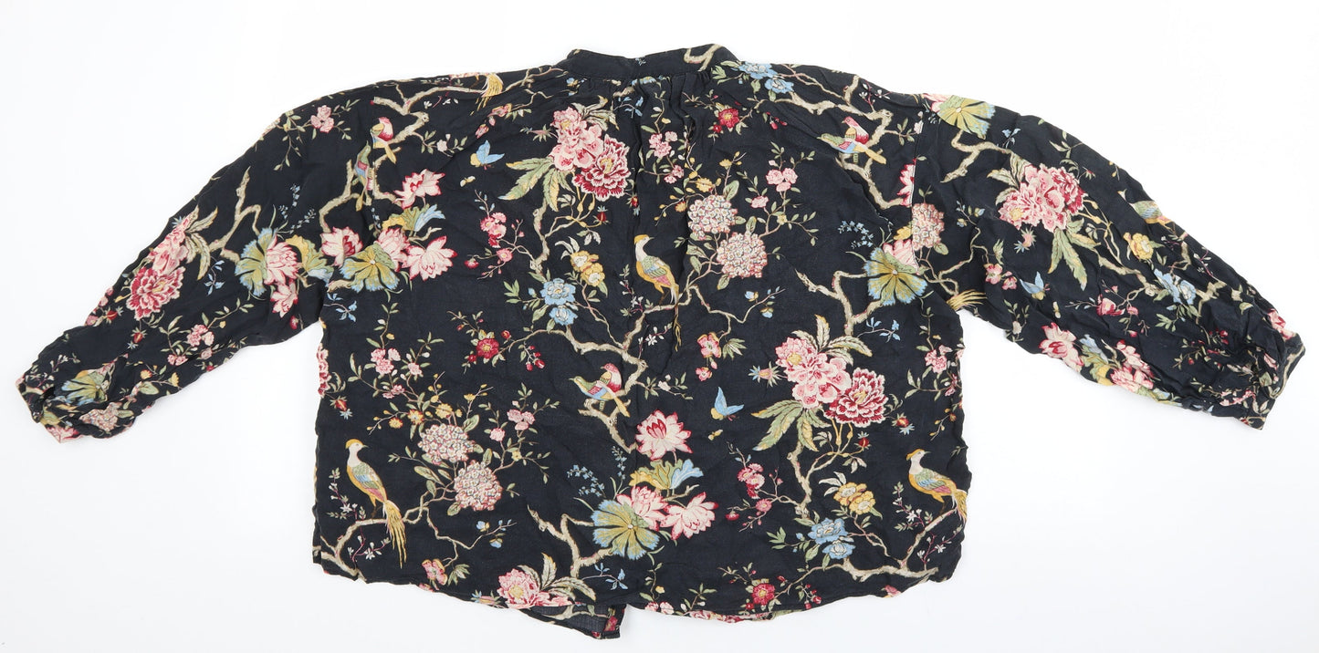 H&M Womens Black Floral Lyocell Basic Button-Up Size 2 Mock Neck
