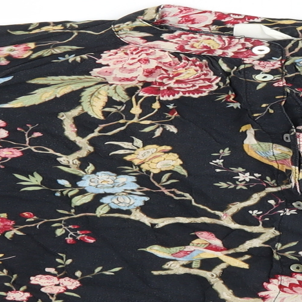 H&M Womens Black Floral Lyocell Basic Button-Up Size 2 Mock Neck