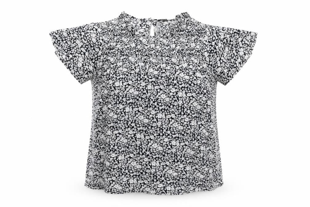 Mila Moda Womens Black Floral Viscose Basic Blouse Size M Round Neck