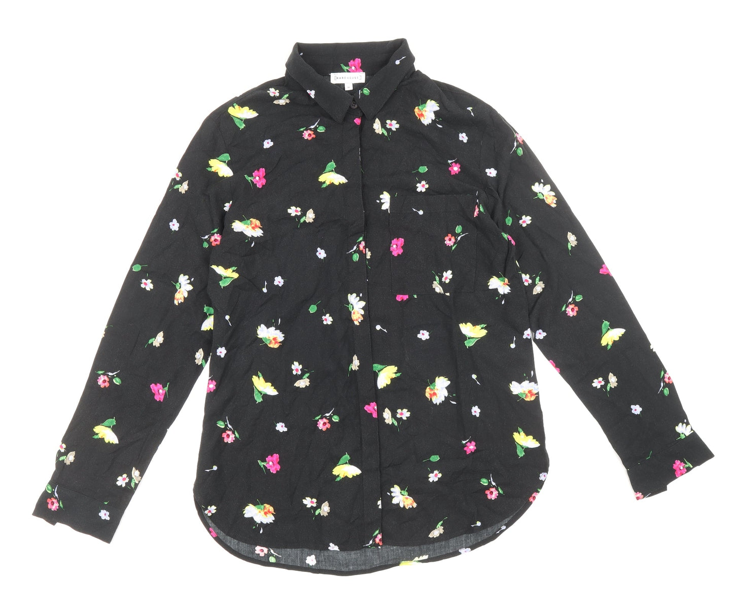 Warehouse Womens Black Floral Viscose Basic Button-Up Size 10 Collared