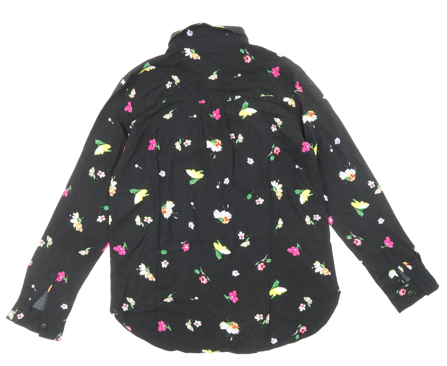 Warehouse Womens Black Floral Viscose Basic Button-Up Size 10 Collared