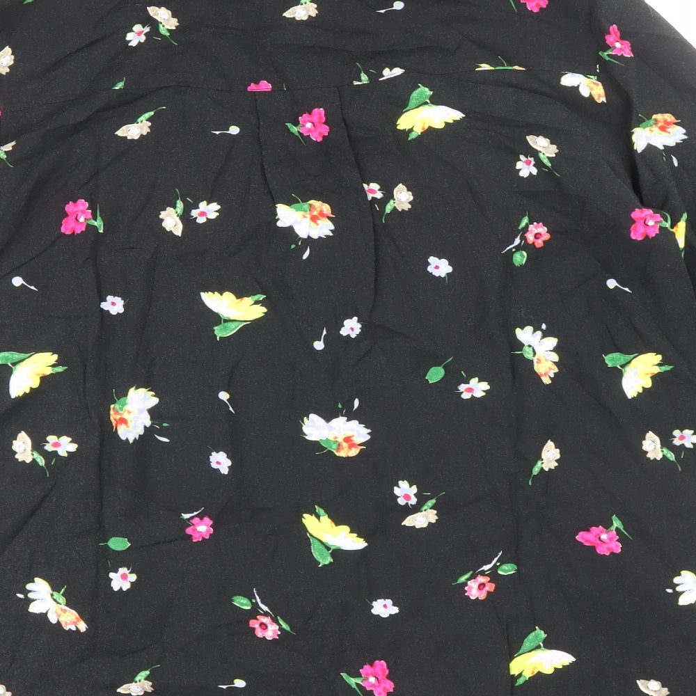 Warehouse Womens Black Floral Viscose Basic Button-Up Size 10 Collared