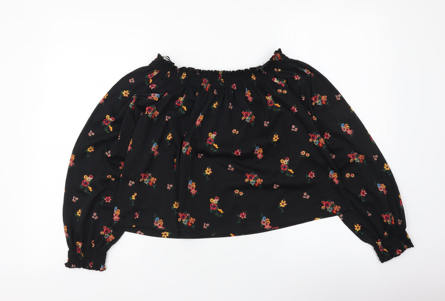 H&M Womens Black Floral Polyester Basic Blouse Size S Off the Shoulder
