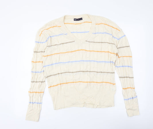 Marks and Spencer Womens Multicoloured V-Neck Striped Viscose Pullover Jumper Size L