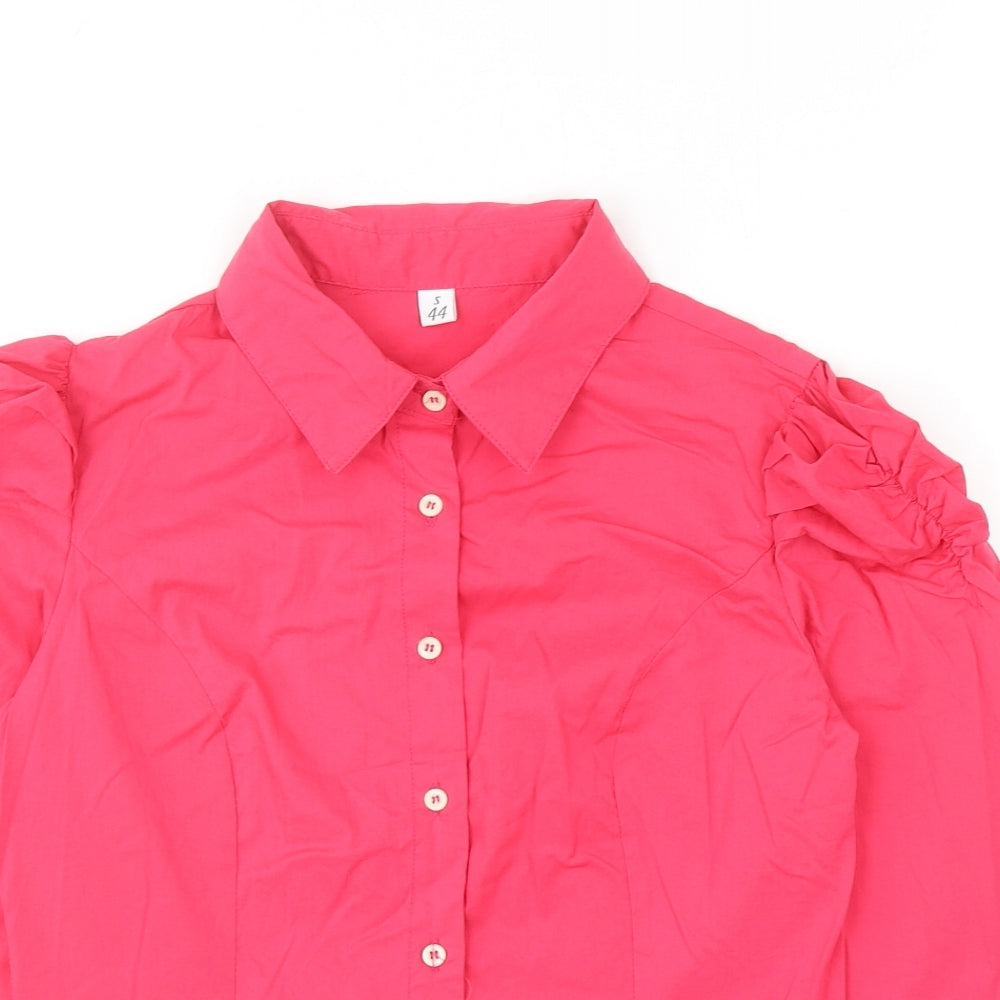 Preworn Womens Pink Polyester Basic Button-Up Size S Collared - Ruched Sleeves