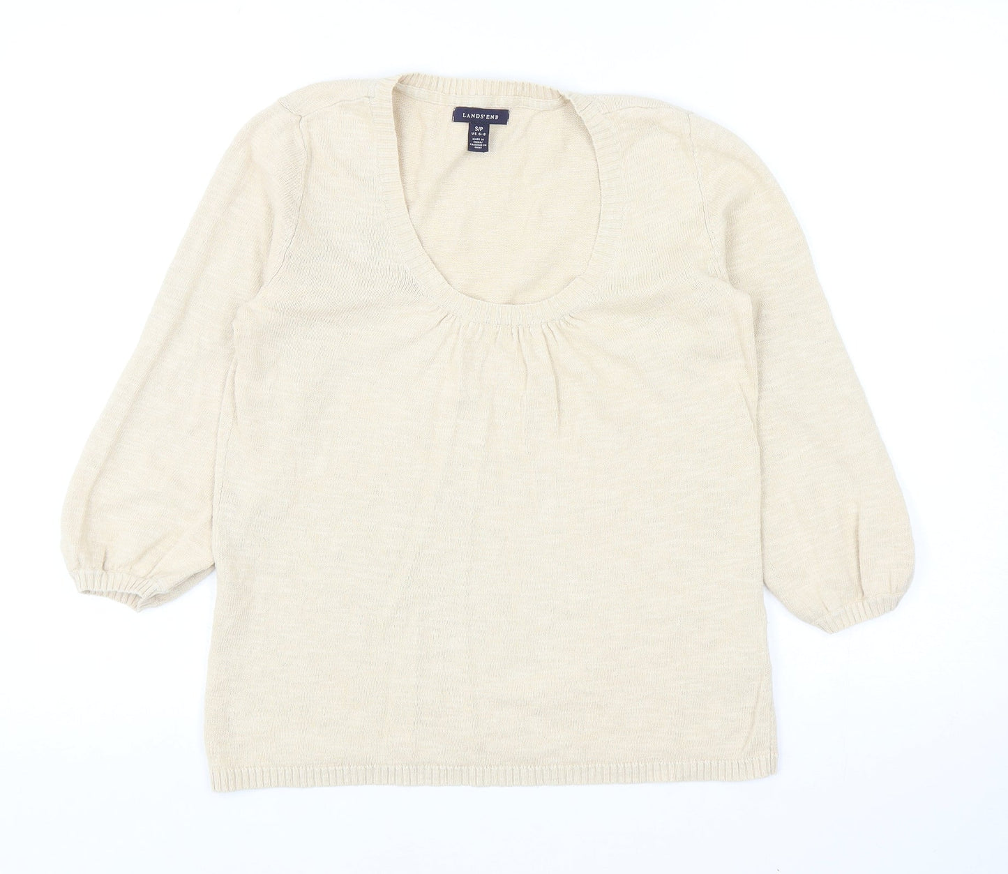 Lands End Womens Beige Scoop Neck Cotton Pullover Jumper Size S