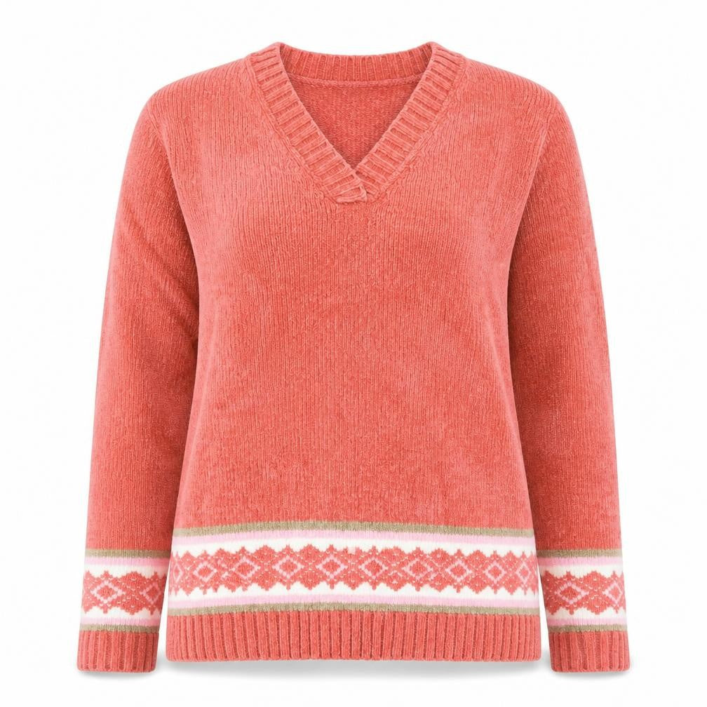 Classics Womens Pink V-Neck Fair Isle Acrylic Pullover Jumper Size 12